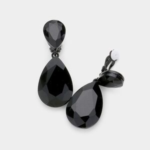 Black Dangle Crystal Clip On Earrings 2 Inches Double TearDrop ClipOns Jewelry